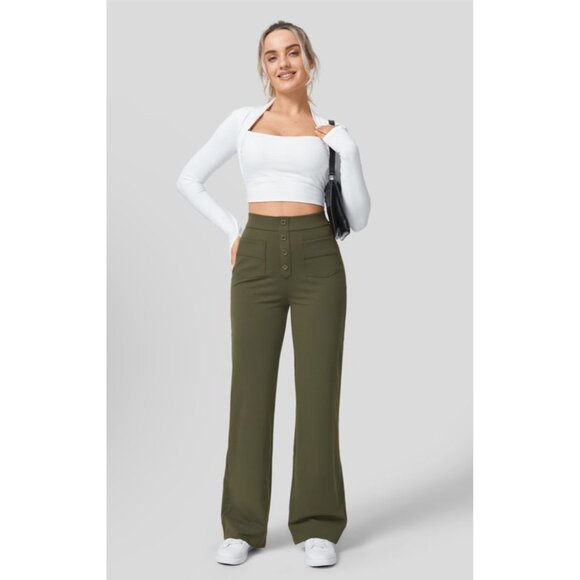 Halara High Waisted Straight Leg Sz Small Tall Womens Green Button Multi Pockets - Picture 3 of 14